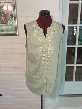 Coral Bay Sleeveless Button-Front Top in Sage Green with Embroidered Placket